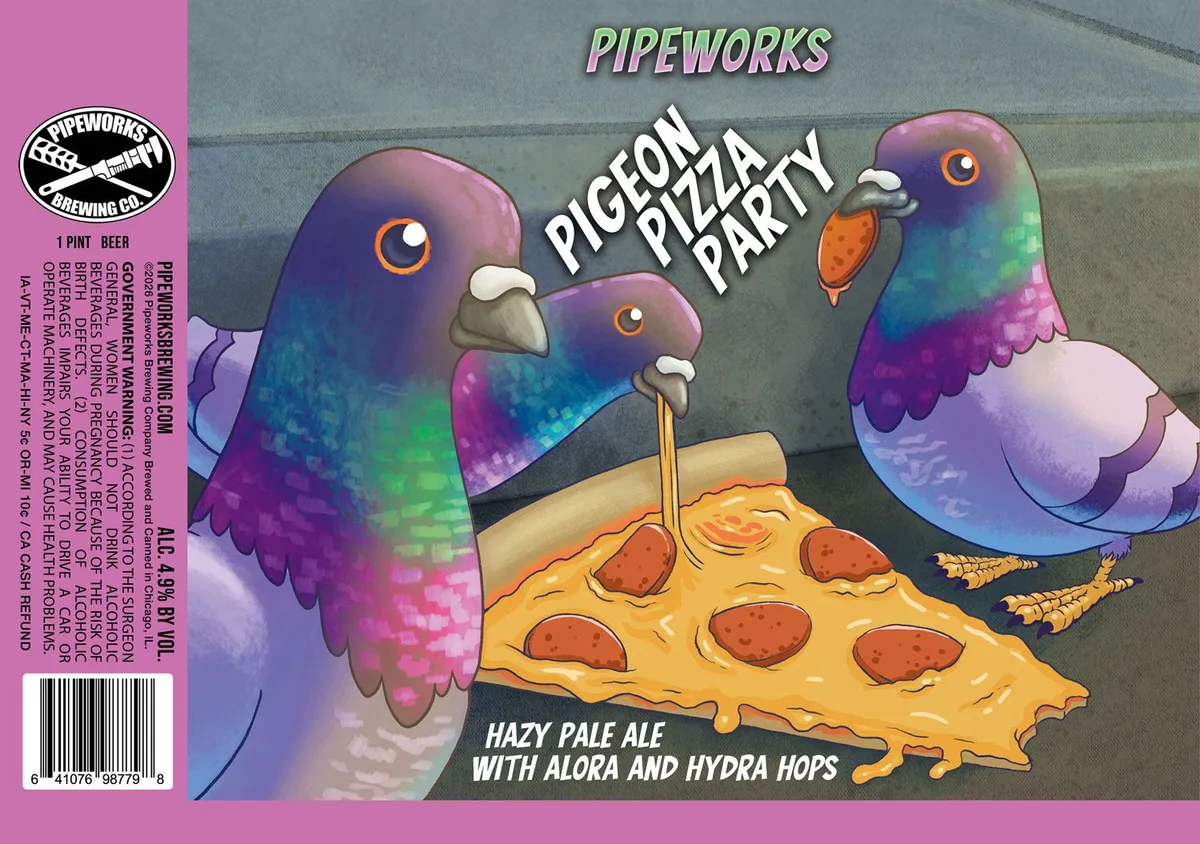 Pigeon Pizza Party label art — PIPEWORKS BREWING CO