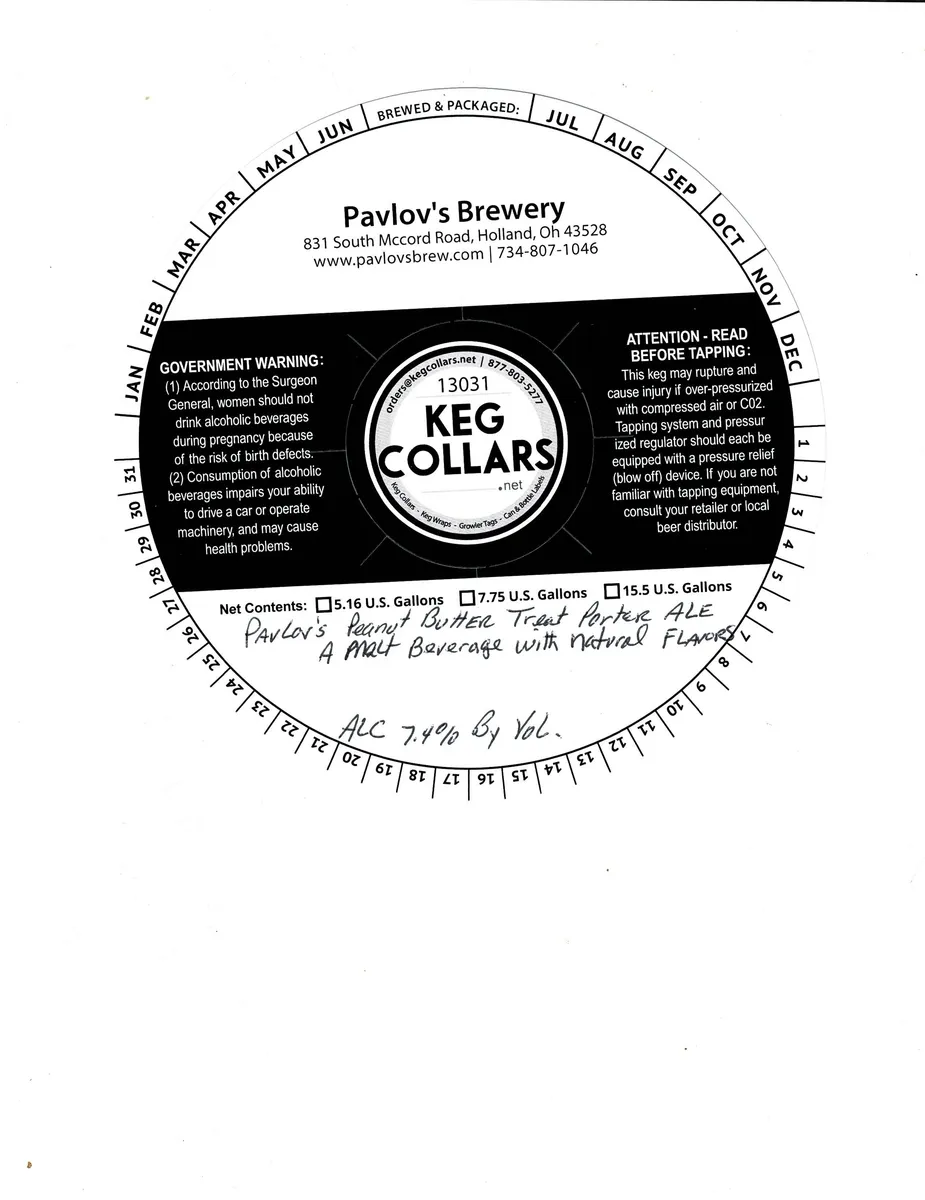 Pavlov's Peanut Butter Treat Porter Ale — full label as filed with TTB