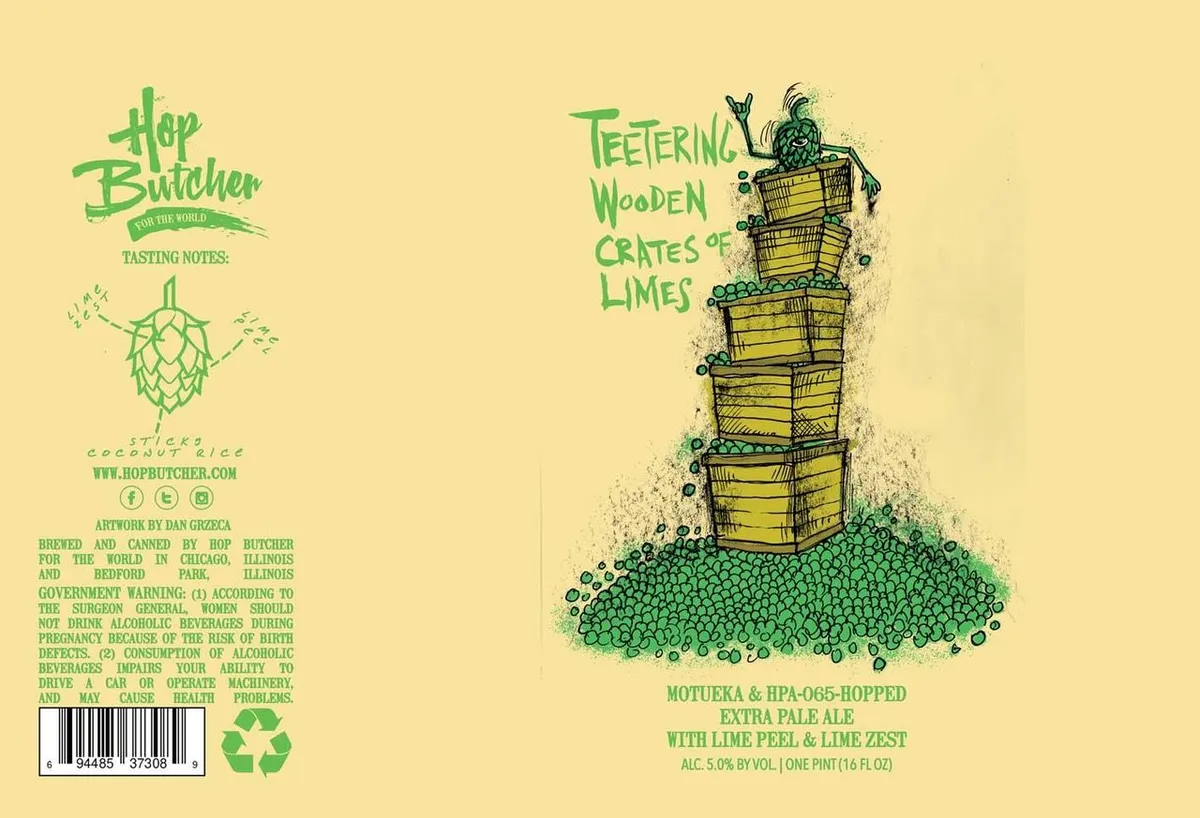 Teetering Wooden Crates of Limes label art — HOP BUTCHER FOR THE WORLD