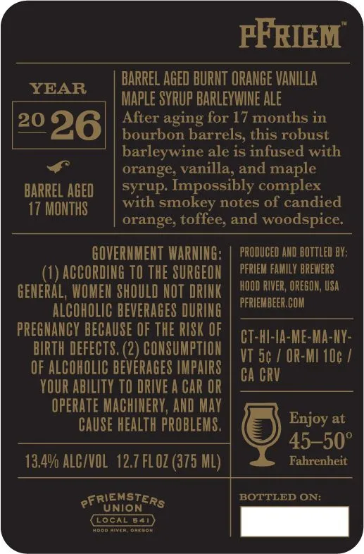 Barrel Aged Burnt Orange Vanilla Maple Syrup Barleywine Ale — full label as filed with TTB