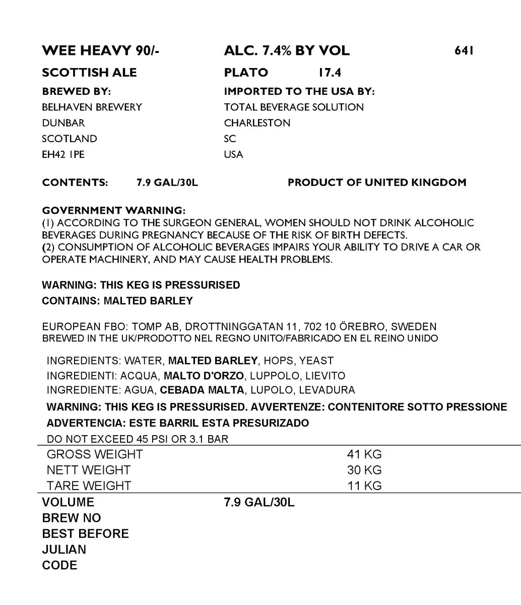 Wee Heavy 90/- — full label as filed with TTB