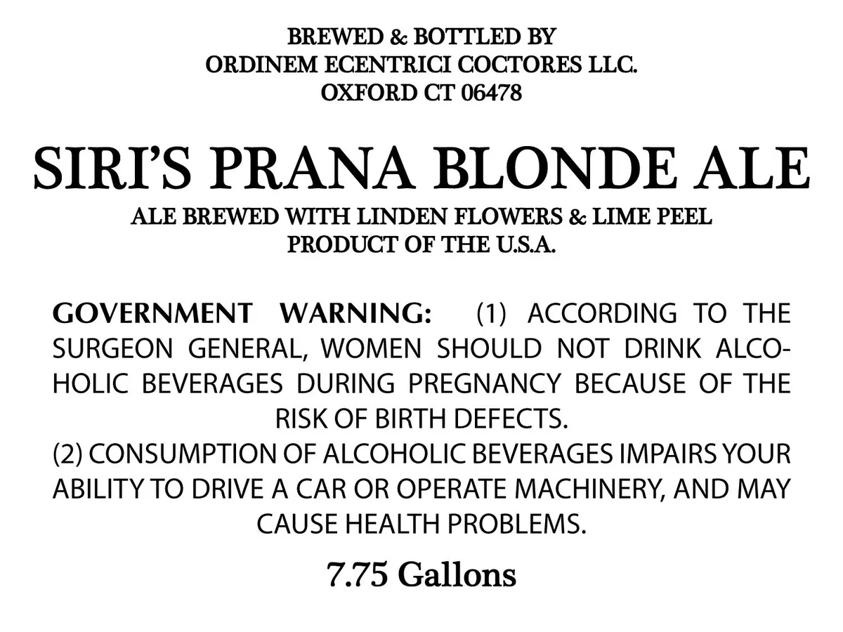 Siri's Prana Blonde Ale — full label as filed with TTB