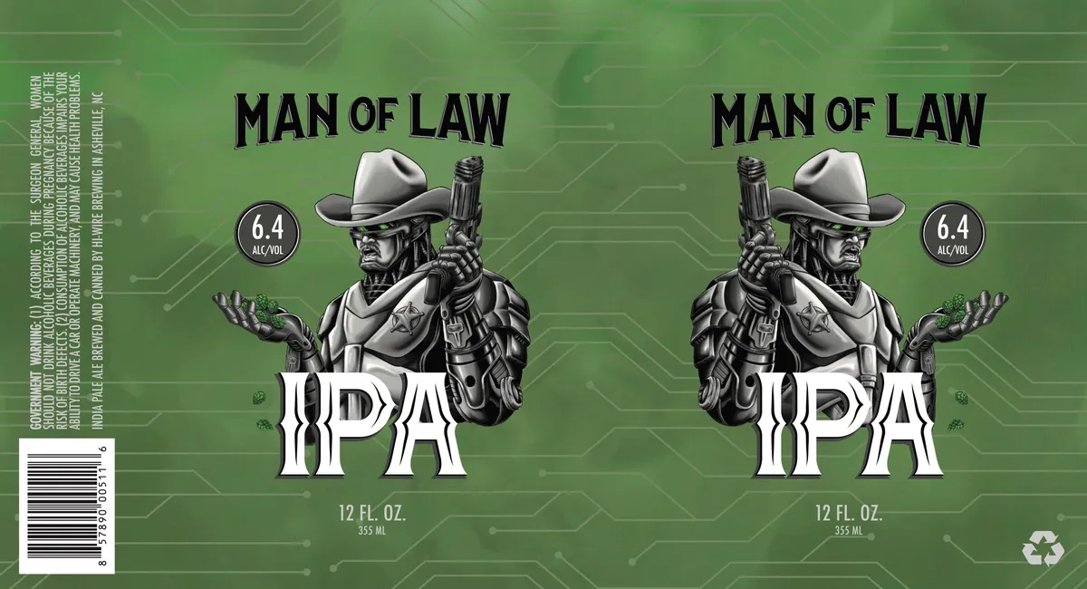 Man of Law IPA label art — HI-WIRE BREWING