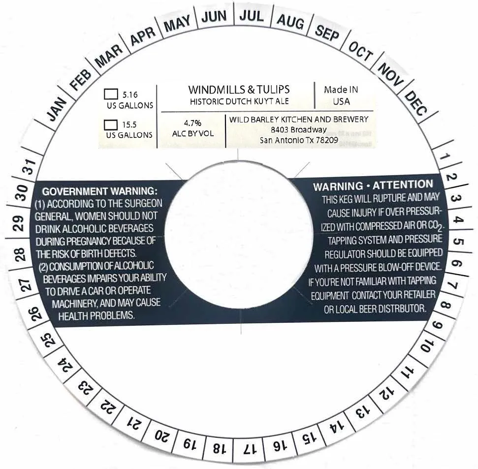 Windmills & Tulips Historic Dutch Kuyt Ale — full label as filed with TTB