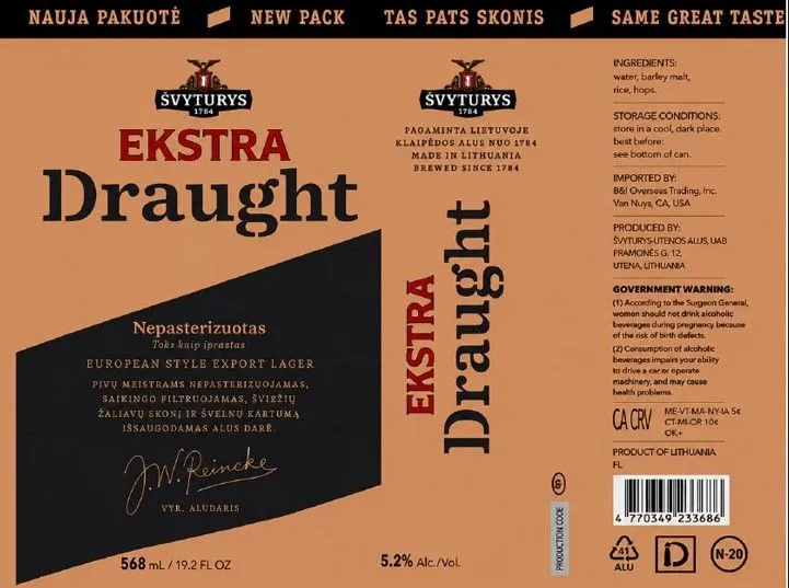Ekstra Draught — full label as filed with TTB