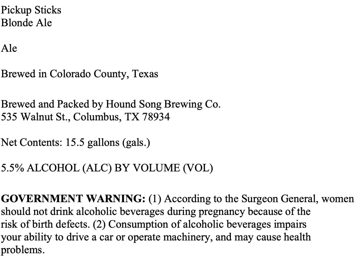 Pickup Sticks Blonde Ale — full label as filed with TTB