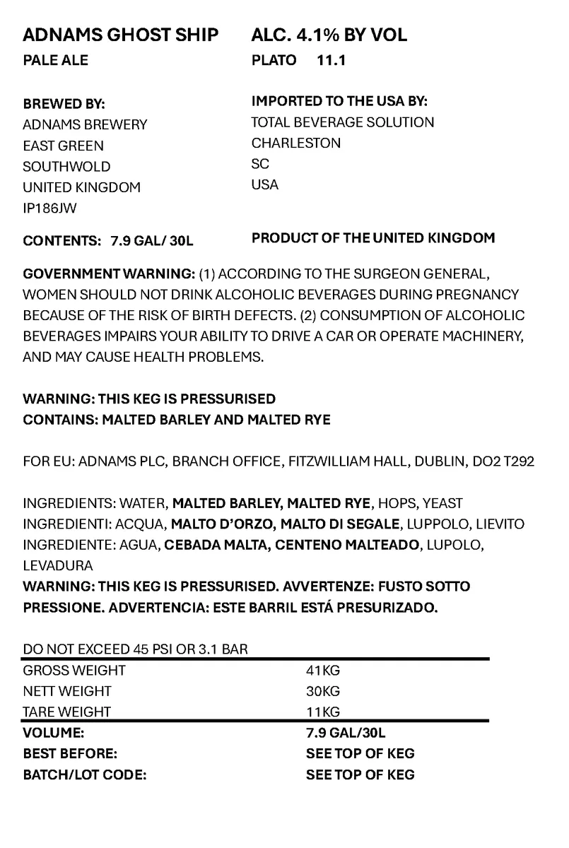 Ghost Ship Pale Ale — full label as filed with TTB