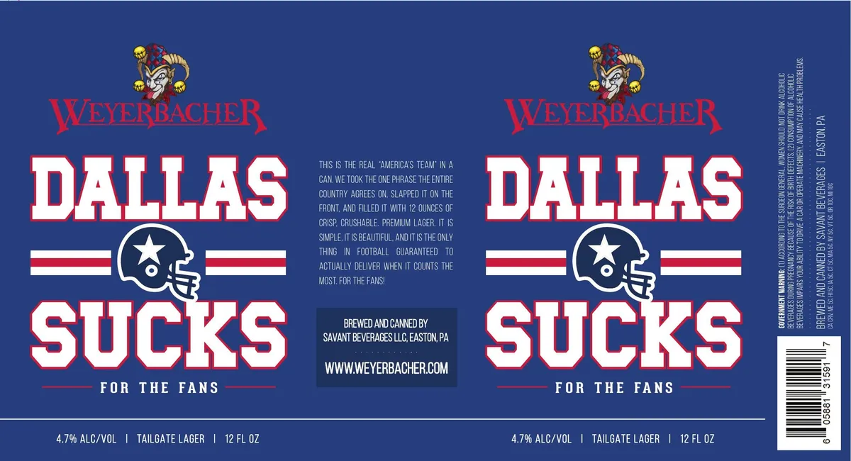 Dallas Sucks Tailgate Lager — full label as filed with TTB