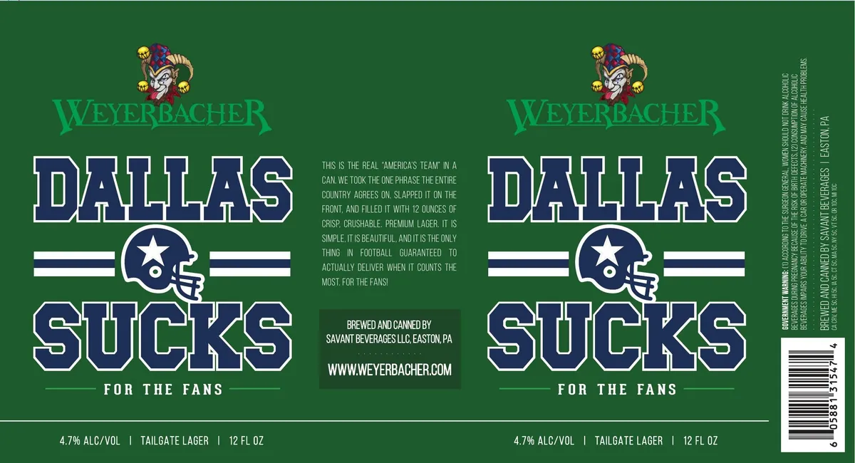 Dallas Sucks Tailgate Lager — full label as filed with TTB