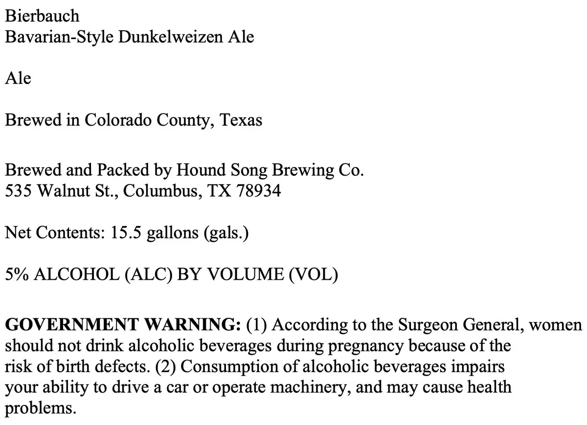 Bierbauch Bavarian-Style Dunkelweizen Ale — full label as filed with TTB