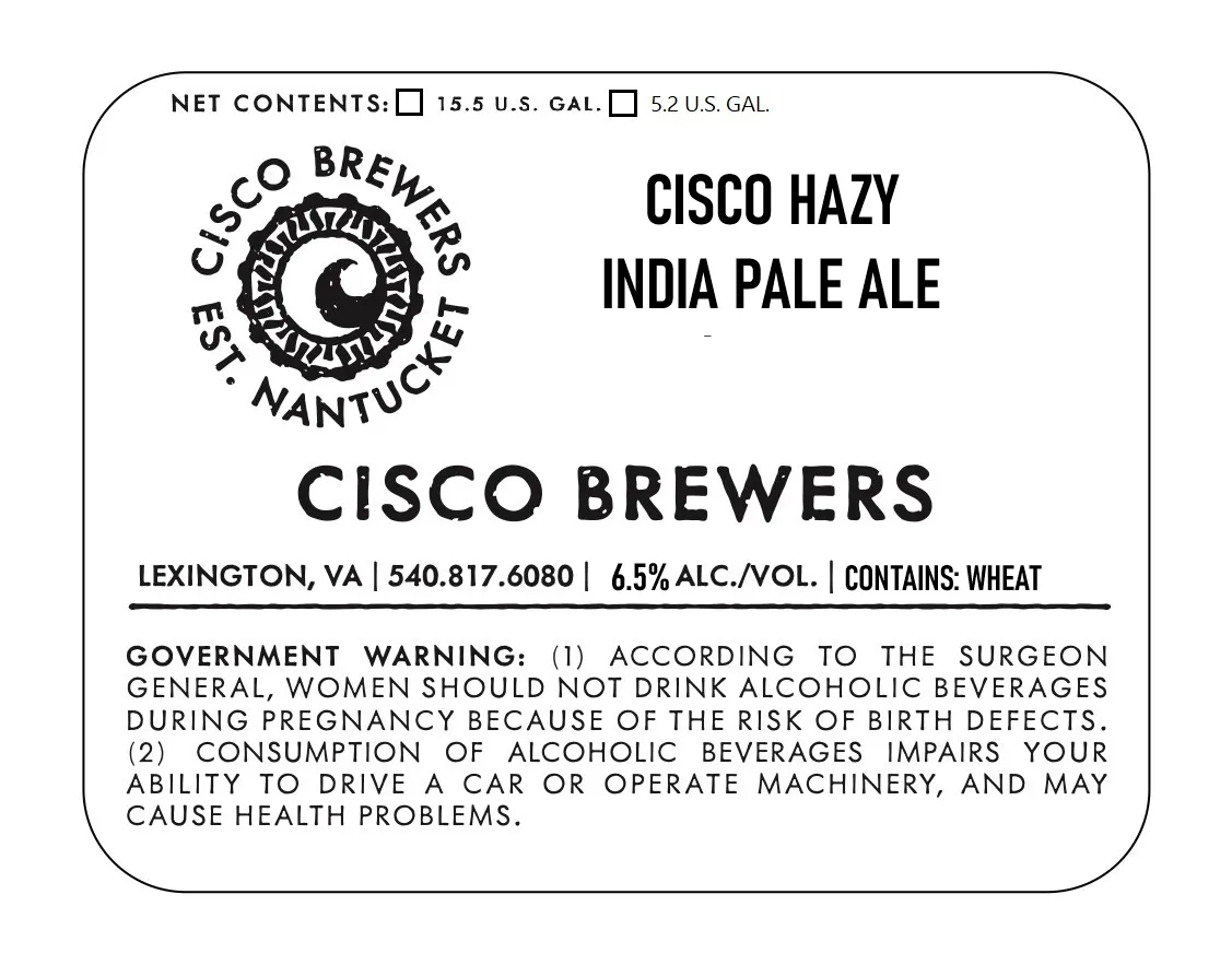 Cisco Hazy India Pale Ale — full label as filed with TTB