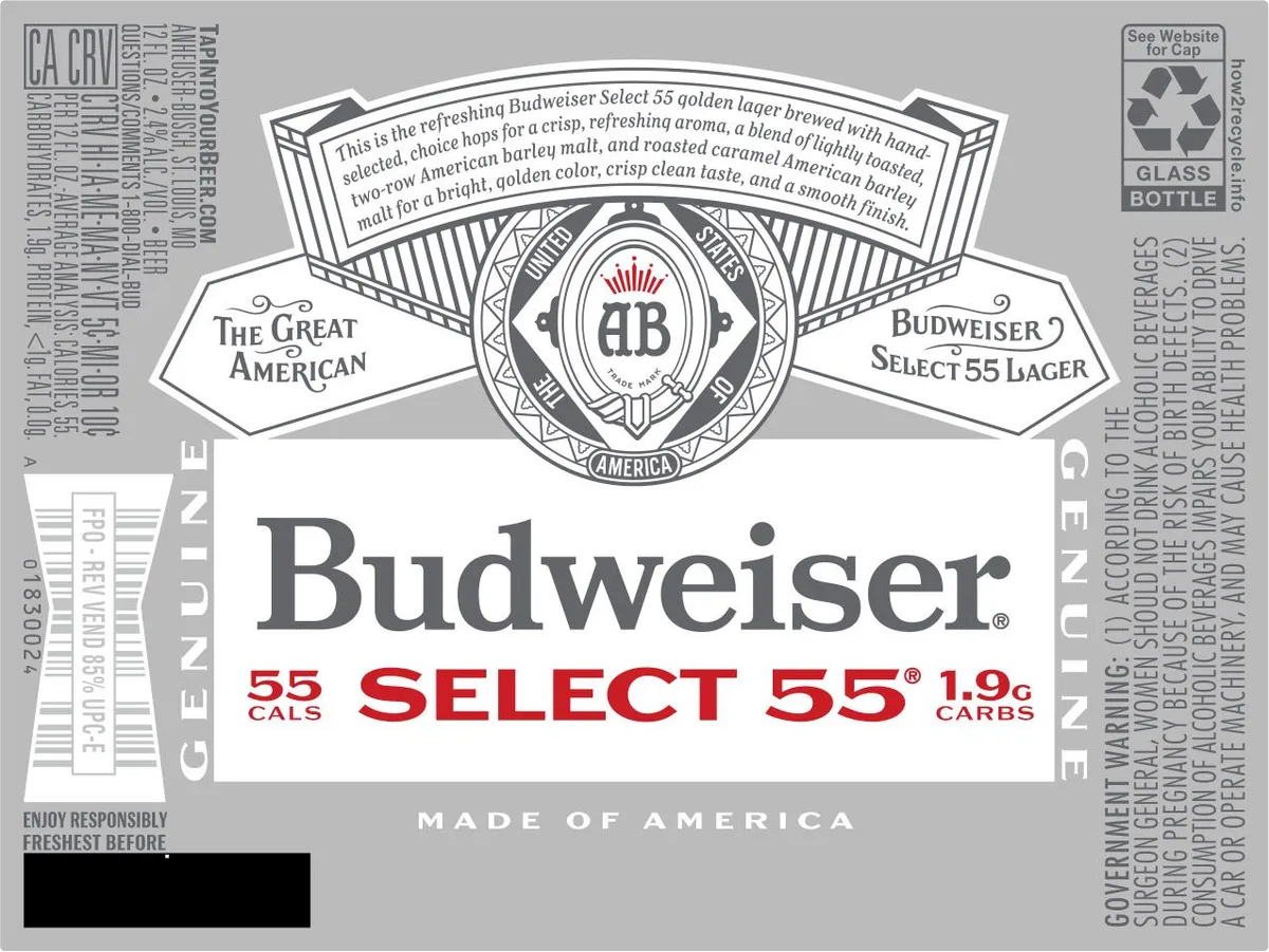 Budweiser Select 55 — full label as filed with TTB