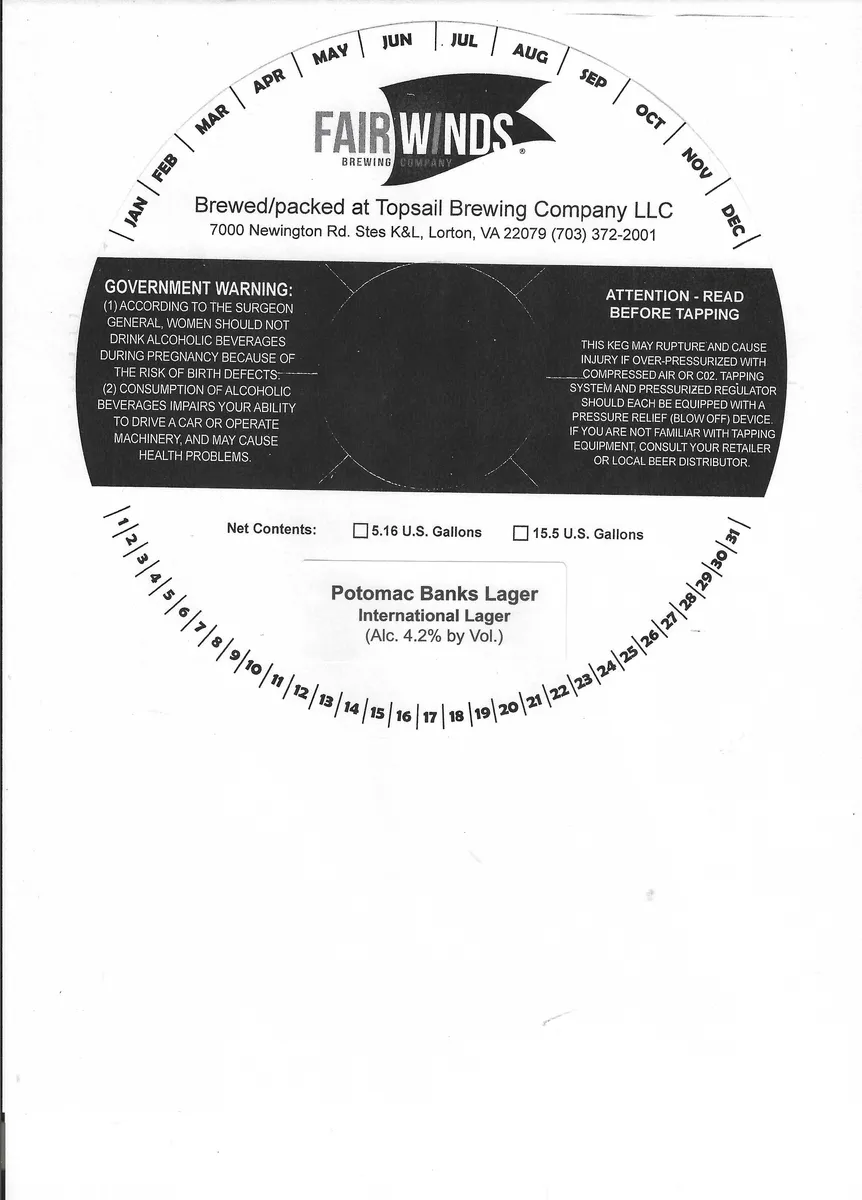 Potomac Banks Lager — full label as filed with TTB
