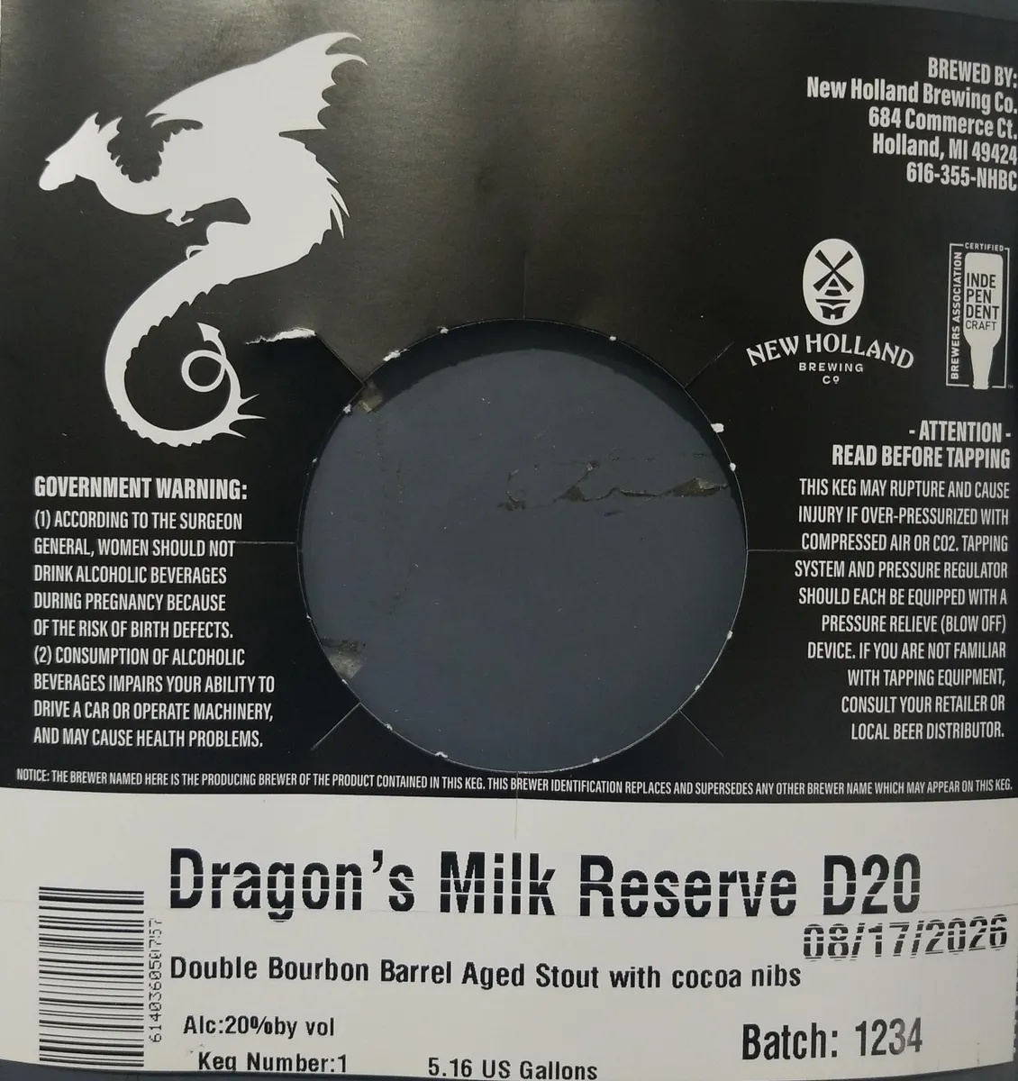 Dragon's Milk Reserve D20 — full label as filed with TTB
