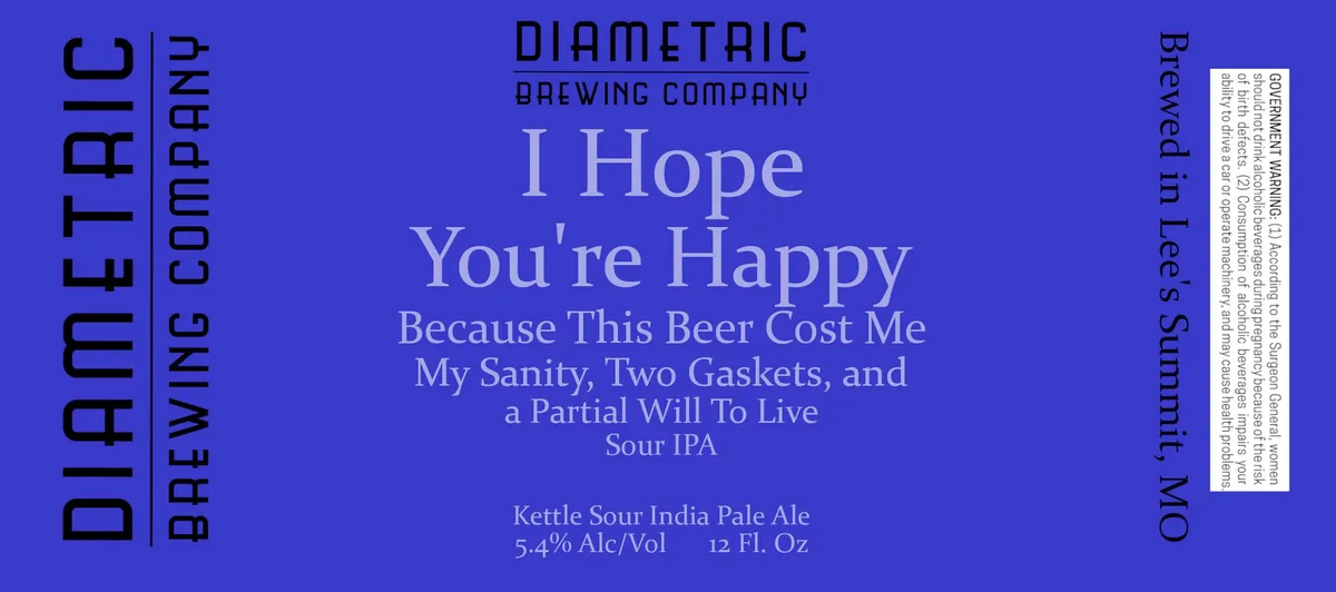 I Hope You're Happy Because This Beer Cost Me My Sanity, Two Gaskets, and a Partial Will To Live label