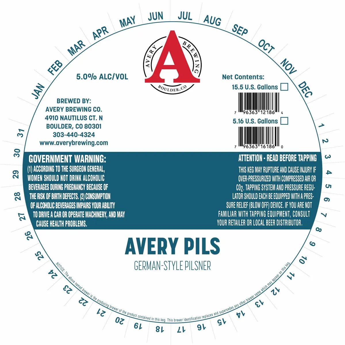 Avery Pils — full label as filed with TTB