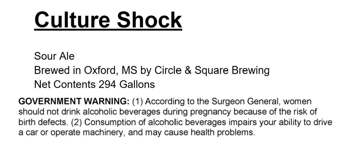 Culture Shock — full label as filed with TTB