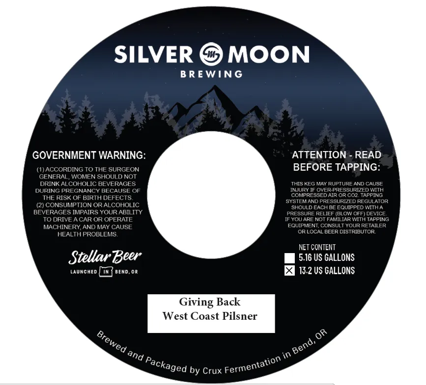 Giving Back West Coast Pilsner label art — SILVER MOON BREWING