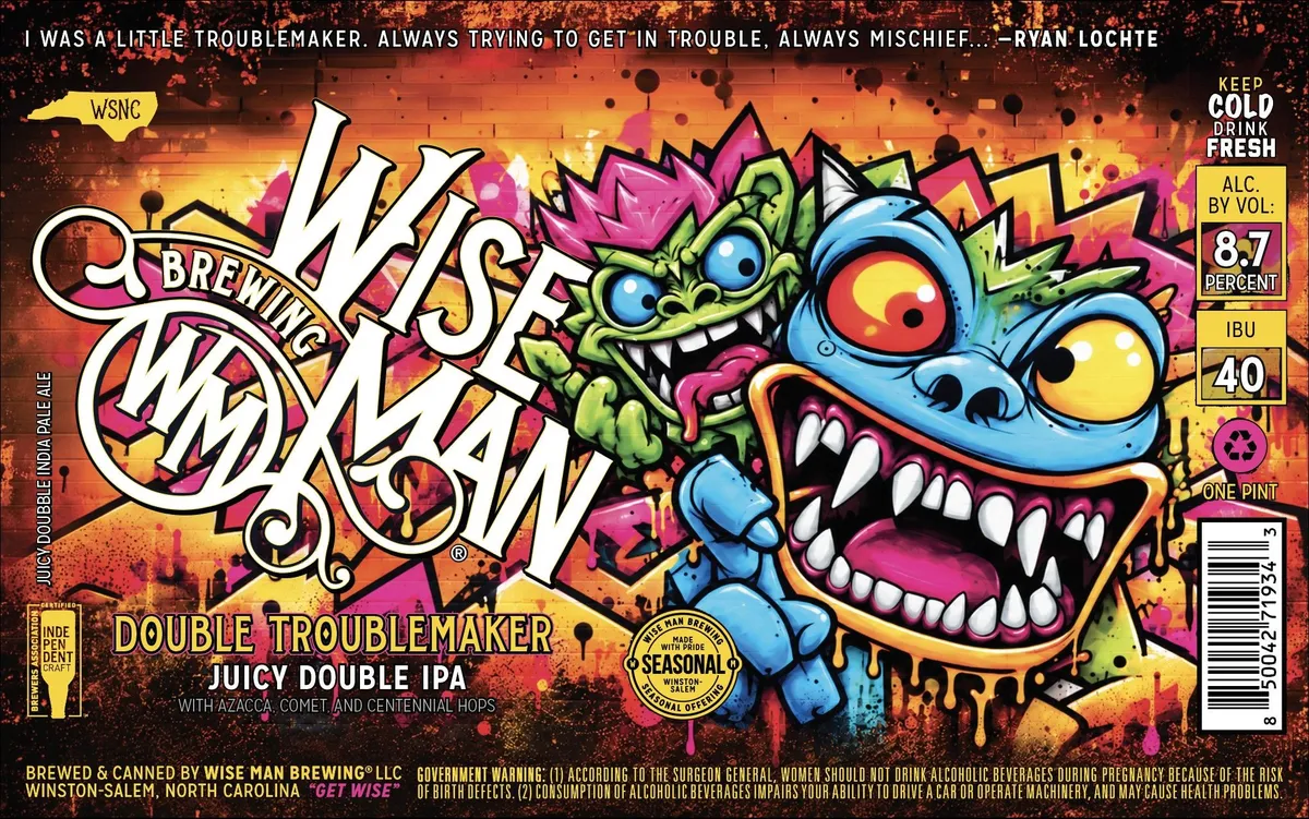Double Troublemaker label art — WISE MAN BREWING