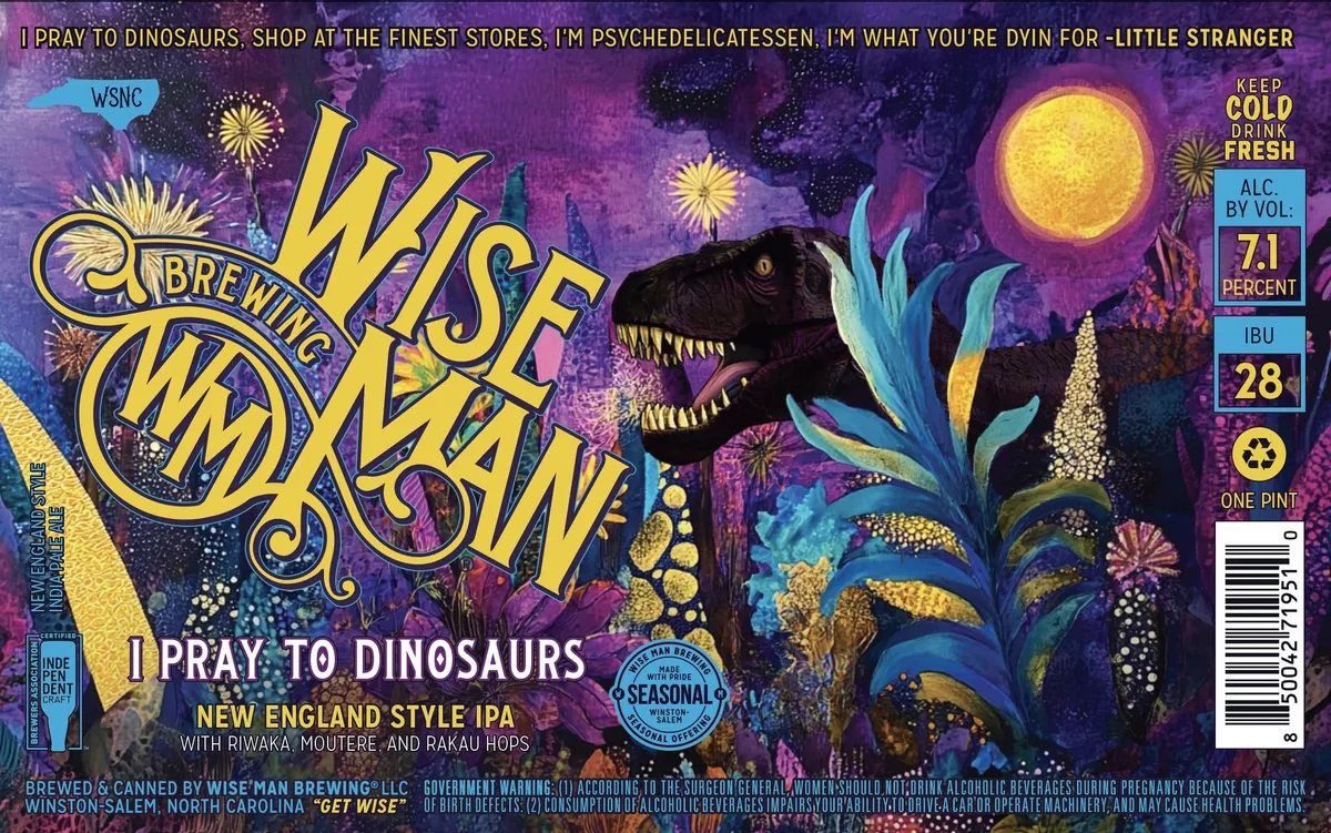 I Pray To Dinosaurs label art — WISE MAN BREWING