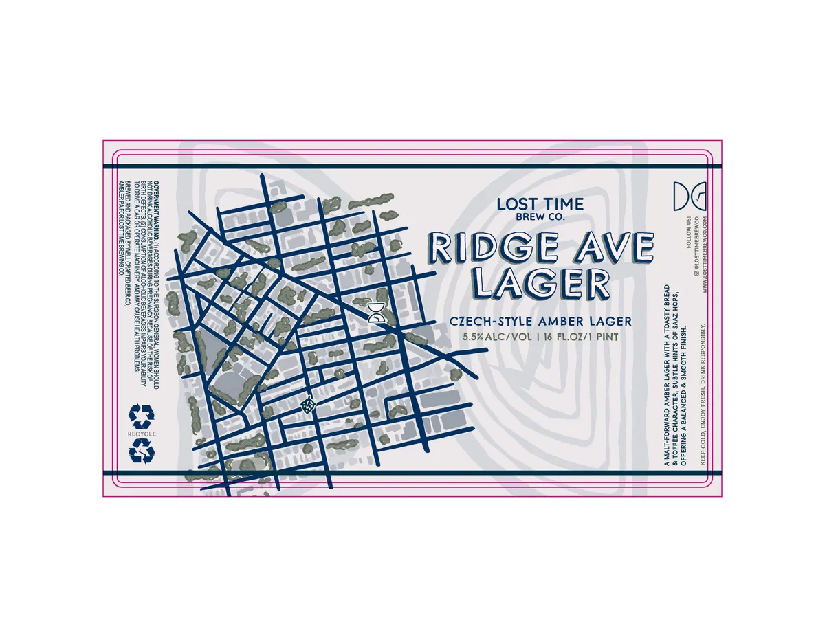 Ridge Ave Lager label art — LOST TIMES BREWING CO.